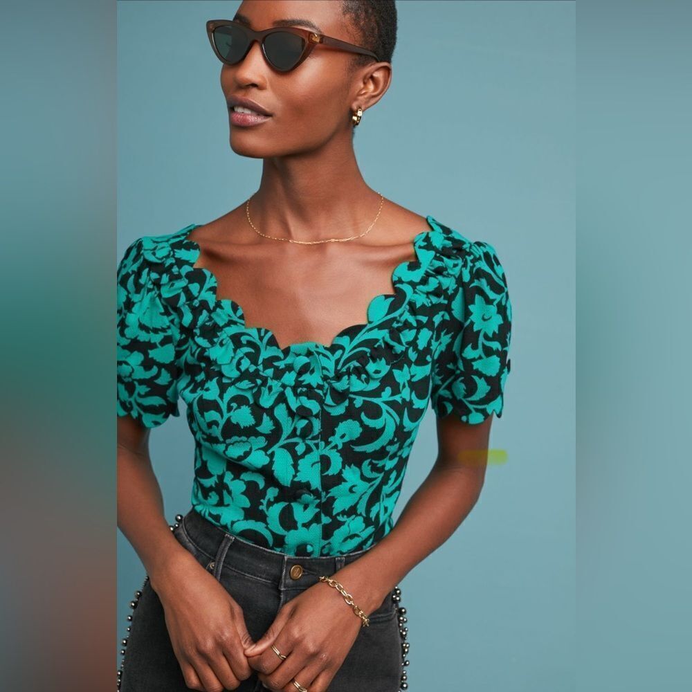Anthropologie Maeve Floral Green and Black Women's Top - 4